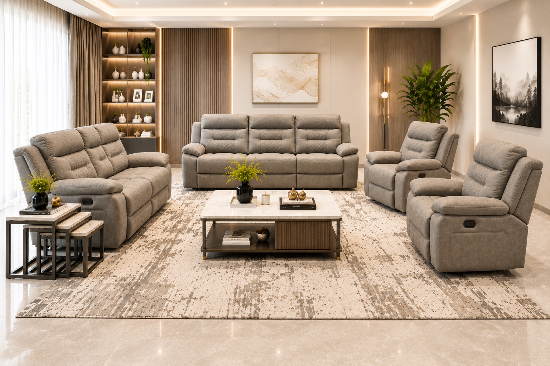 Woolmatt Furniture grey fabric recliner sofa set with marble coffee table in a modern living room