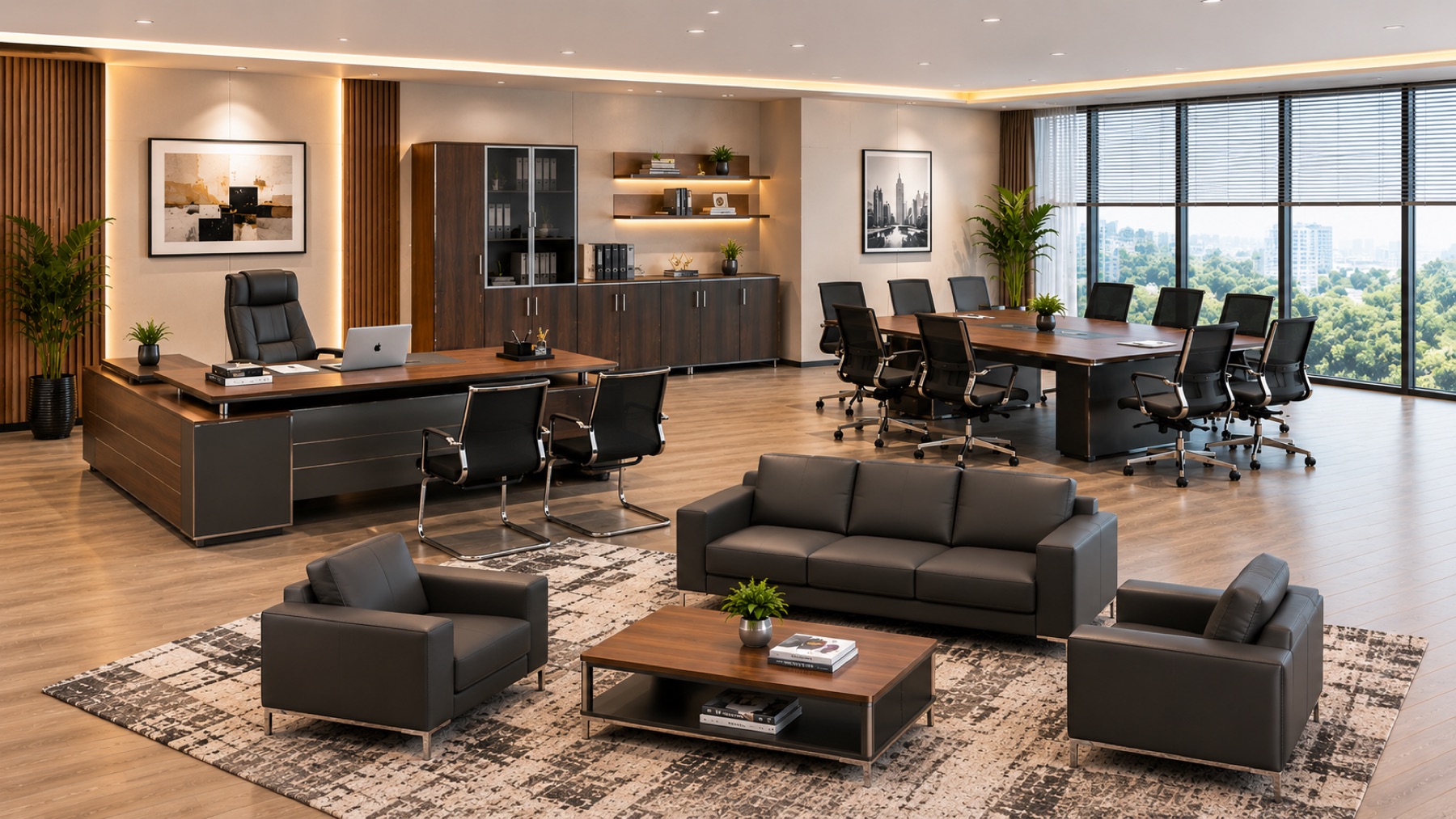 Woolmatt Furniture executive office suite with walnut desk, leather chair and conference table